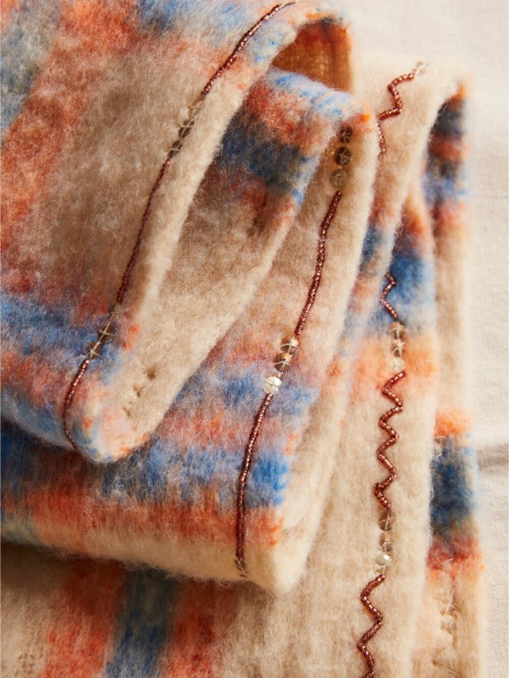 Free People Cream Scarf with Blue and Orange Plaid - Picture 5 of 5